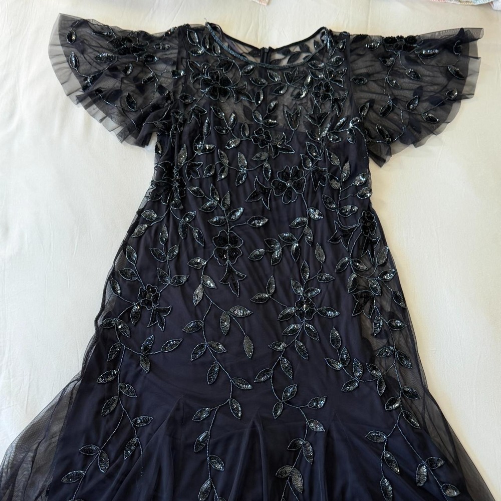Adrianna Papell Black Floral Beaded Sequin Cocktail Dress 16W Flutter Sleeve